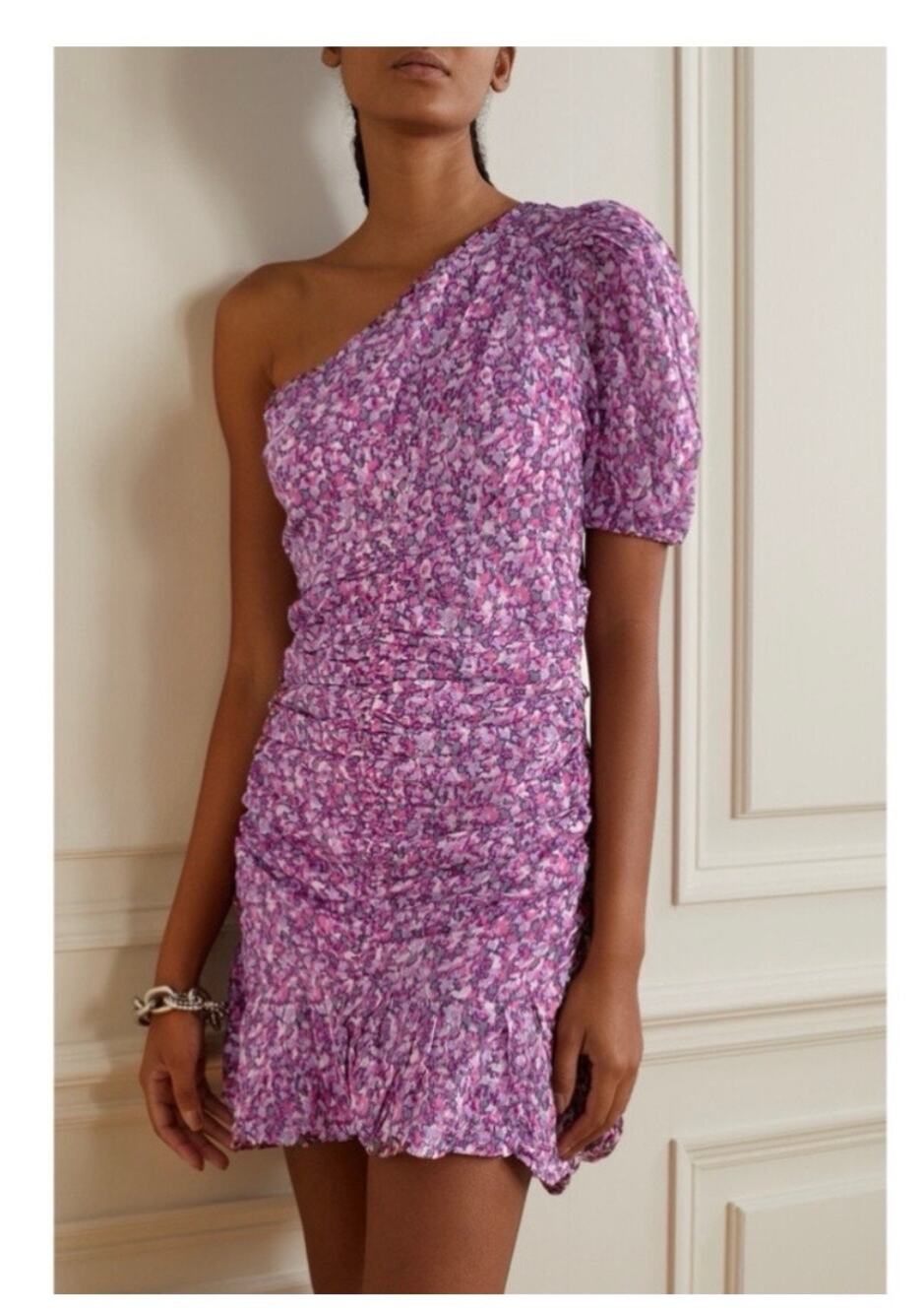 Isabel Marant Lecia Purple Floral Puff One Shoulder Ruffled Ruched Mini Dress S